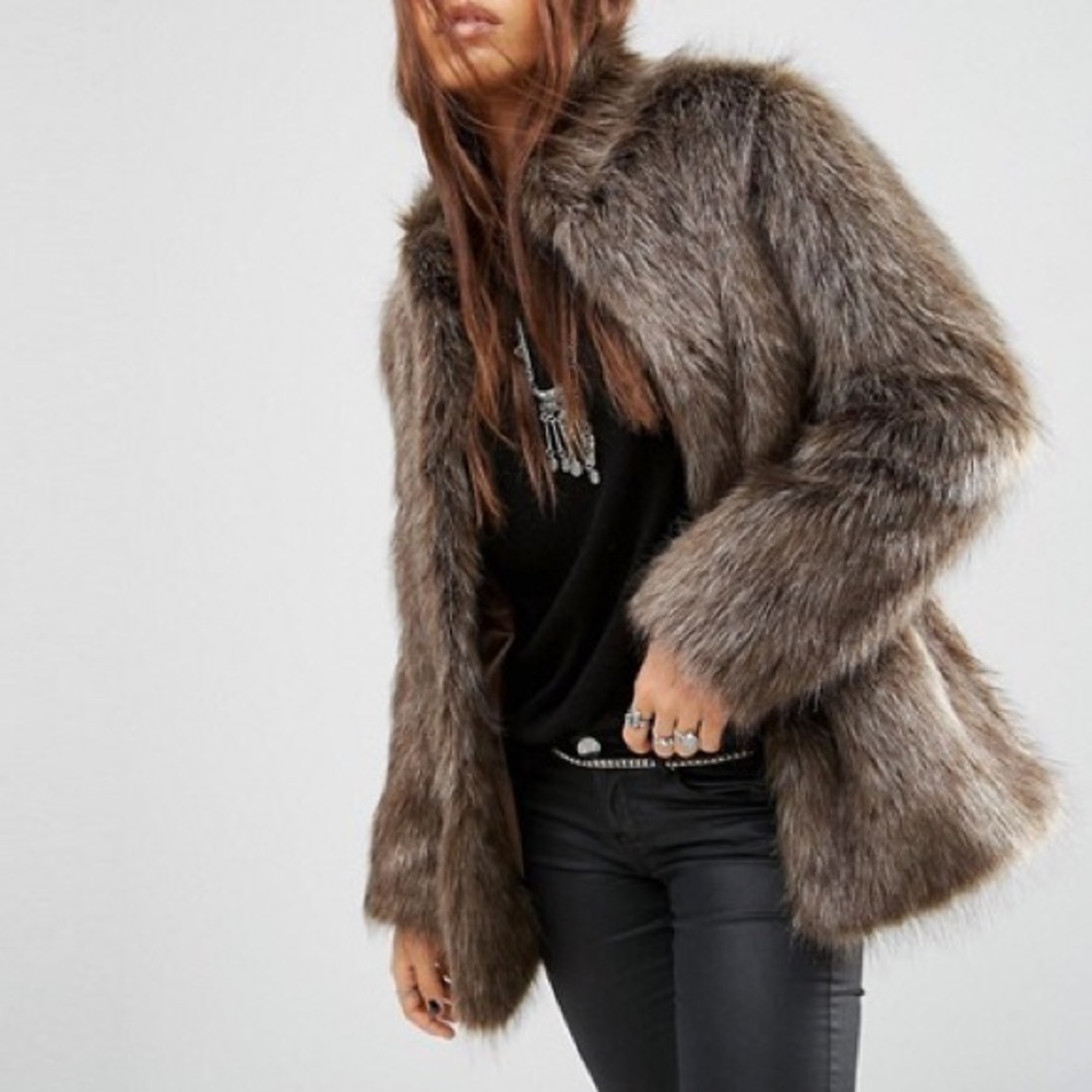 ASOS Faux Fur Short Coat Jacket Beige Brown